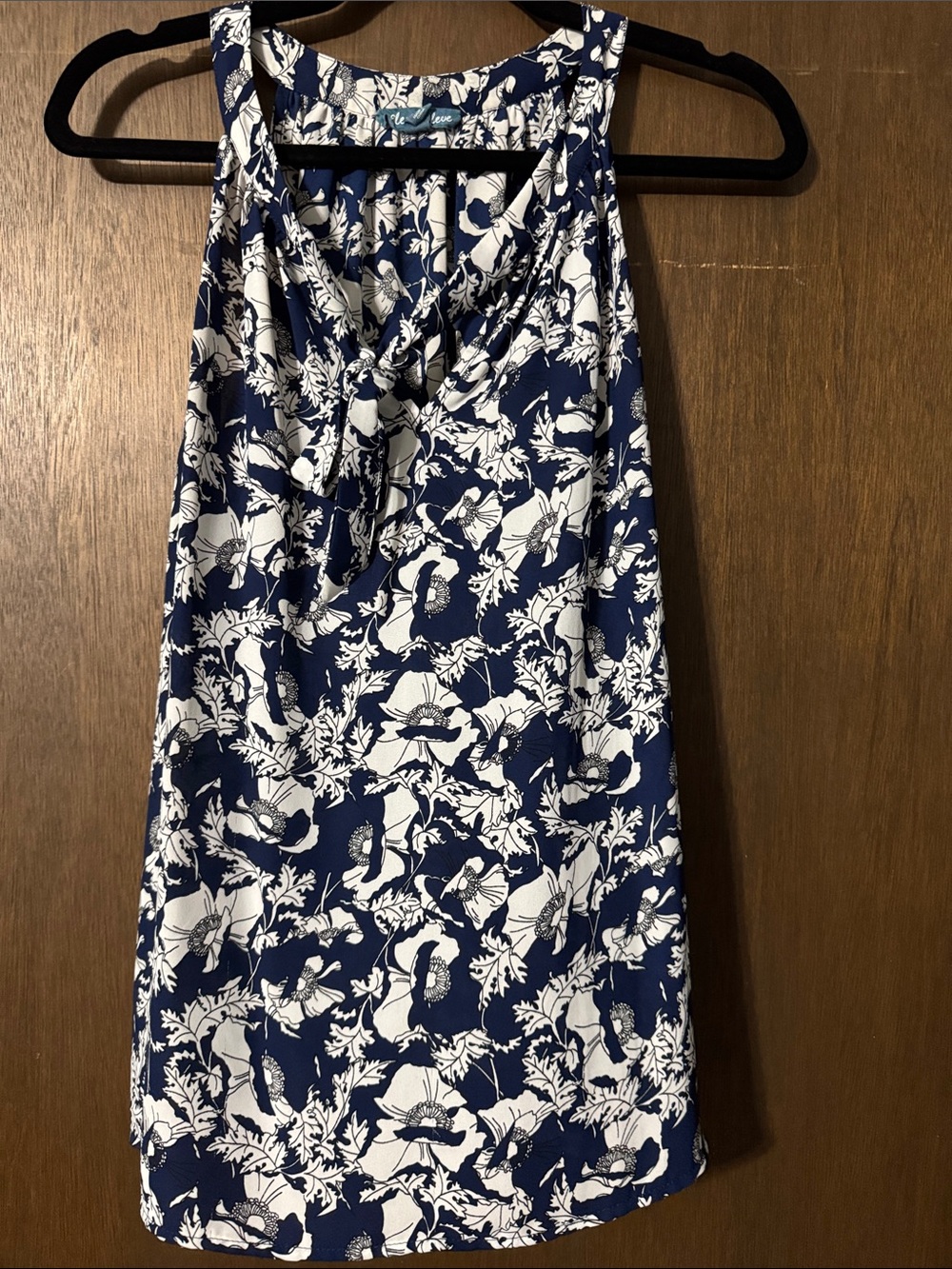 Sleeveless Navy & White Floral Drape Neck Blouse